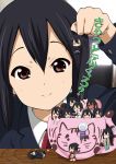  &gt;_&lt; black_hair blush brown_eyes cardigan casual_one-piece_swimsuit cat chibi cup hair_bobbles hair_ornament in_container in_cup k-on! k-on!_movie lifting listen!! long_hair minigirl multiple_persona nakano_azusa one-piece_swimsuit ragho_no_erika smile solo swimsuit tan twintails 