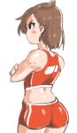  1girl annoyed ass bare_shoulders blush_stickers brown_hair crossed_arms from_behind inkerton-kun midriff pout short_hair simple_background solo white_background 