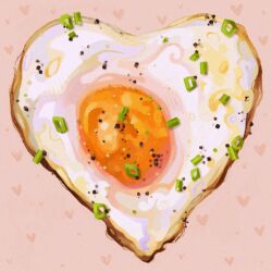 breakfast close-up commentary egg egg_(food) english_commentary film_grain food food_focus fried_egg heart heart-shaped_food heart_background heart_print no_humans no_lineart original pastel_colors pepper_(spice) pink_background quezify spring_onion still_life vegetable 