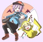  &gt;:3 :3 =_= bag bat_wings blonde_hair blush chibi closed_eyes cosplay detached_wings eyes_closed flandre_scarlet hat multiple_girls open_mouth outstretched_arms pants pikachu pikachu_(cosplay) pokemon pokemon_(game) pokemon_bw purple_hair red_(pokemon)_(cosplay) red_eyes remilia_scarlet rioshi shirt short_hair shoulder_bag siblings sisters touhou touya_(pokemon) touya_(pokemon)_(cosplay) wavy_mouth wings 