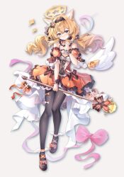  1girl animal_ears black_pantyhose blue_eyes blush dress full_body guzangnanfeng halo highres holding long_hair mari_(blue_archive) orange_dress orange_hair pantyhose solo twintails wings yellow_halo 