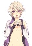  bad_id blonde_hair blush ivan_karelin jacket letterman_jacket male purple_eyes purple_jacket shirt_lift short_hair solo sotamoto sweat tiger_&amp;_bunny violet_eyes 