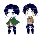  2boys belt black_eyes black_hair blush boots brown_hair cape eren_jaeger jacket levi_(shingeki_no_kyojin) meiji_(meeeeji) multiple_boys shingeki_no_kyojin short_hair standing star thigh_strap white_background 