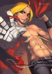  abs ahoge automail belt blonde_hair chain chains cloak edward_elric fullmetal_alchemist looking_at_viewer male saidyiiii shirtless smile solo topless wristband yellow_eyes 