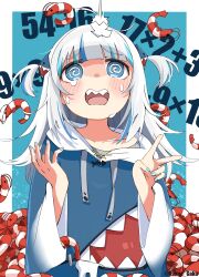  1girl @_@ absurdres bandaid bandaid_on_head blue_background blue_eyes blue_hair blue_hoodie blue_nails blunt_bangs blush border collarbone commentary crying drawstring gawr_gura hair_ornament highres hololive hololive_english hood hood_down hoodie kakue_gaku long_hair long_sleeves math multicolored_hair nail_polish open_mouth outside_border shark_hair_ornament sharp_teeth shrimp simple_background solo streaked_hair symbol-only_commentary tears teeth twitter_username two_side_up upper_body v white_border white_hair wide_sleeves 