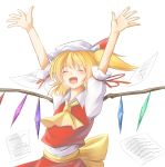  arms_up ascot blonde_hair blush closed_eyes flandre_scarlet happy hat highres hisumi open_mouth paper short_hair side_ponytail simple_background solo the_embodiment_of_scarlet_devil touhou wings 