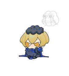  1boy :< animal armor black_armor blonde_hair blubbering_toad_(project_moon) blue_cape blue_gemstone cape cavernous_wailing_(e.g.o) commentary_request e.g.o_(project_moon) ff_nami full_body gem highres holding holding_animal limbus_company looking_to_the_side pepe_the_frog project_moon sinclair_(project_moon) single_tear solo toad_(animal) yellow_eyes 