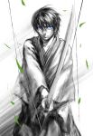  1boy bangs black_hair blue_eyes gintama glasses glowing glowing_eyes hakama hangleing holding_sword holding_weapon japanese_clothes katana leaf looking_at_viewer male_focus motion_blur shimura_shinpachi simple_background solo spot_color sword v_arms weapon white_background 