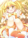 blonde_hair blush boots cure_peace double_v endyy highres kise_yayoi magical_girl open_mouth ponytail precure shorts_under_skirt smile_precure! solo tears v wavy_mouth yellow_eyes 