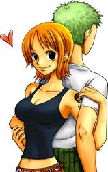  bare_shoulders breasts cleavage green_hair heart midriff nami navel one_piece orange_hair roronoa_zoro short_hair smile tank_top tattoo yamadaenako 