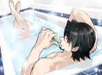  arm_behind_head bathing bathtub brown_eyes brushing_teeth crossed_ankles facial_hair kaburagi_t_kotetsu looking_back male nude solo steam tiger_&amp;_bunny tiles toothbrush tsuzuki_(matchbox) water 