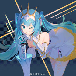  1girl arm_armor artist_name blue_eyes blue_hair breasts checkered_background clothes_writing commentary cowboy_shot crown dress elbow_gloves english_commentary gloves gold_trim goodsmile_racing hatsune_miku highres imoko_(imonatsuki) lance long_hair looking_at_viewer one_eye_closed open_mouth polearm racequeen racing_miku racing_miku_(2015) simple_background solo thigh-highs twintails vocaloid weapon weibo_logo weibo_watermark white_dress white_gloves white_mouth white_thighhighs 