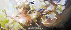  1girl absurdres aniao_ya arknights bare_shoulders blonde_hair blue_hair branch breasts closed_mouth collarbone dragon_girl dragon_horns dress earrings floating_hair green_hair grey_hair hair_between_eyes highres horns jewelry long_hair multicolored_hair pointy_ears shu_(arknights) solo strapless streaked_hair tassel tassel_earrings upper_body weibo_logo weibo_username 