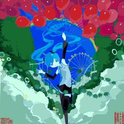  1girl arm_up artist_name balloon bare_shoulders black_footwear black_skirt blue_eyes blue_hair boots chinese_commentary clouds commentary_request dated detached_sleeves ferris_wheel floating_hair hatsune_miku highres holding holding_balloon long_hair maomi_jita orbited skirt solo standing standing_on_one_leg thigh_boots too_many_balloons tree twintails very_long_hair vocaloid 