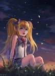  bad_id bare_shoulders blonde_hair blue_eyes bow cloud copyright_request dantewontdie firefly grass hair_bow heart long_hair night night_sky open_mouth pleated_skirt signature sitting skirt sky sleeveless solo star_(sky) twintails 