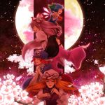  blurry cherry_blossoms cirno depth_of_field flower fujiwara_no_mokou full_moon hands_clasped hat highres houraisan_kaguya long_hair moon multiple_girls night odd_one_out outstretched_arms saigyouji_yuyuko sennotane spread_arms touhou yakumo_yukari 