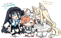  3girls absurdly_long_hair absurdres ahoge anger_vein animal_ear_fluff animal_ears apron aris_(blue_archive) black_hair black_skirt blonde_hair blue_archive blue_eyes blue_necktie chibi detached_sleeves dress english_text flower forehead fox_ears fox_girl fox_tail frilled_dress frills full_body hair_between_eyes hair_flower hair_ornament hairband halo headpat height_difference highres jacket long_hair looking_at_another maid maid_apron maid_headdress multicolored_clothes multicolored_jacket multiple_girls necktie neru_(blue_archive) one_side_up open_clothes open_jacket parted_bangs red_hair seia_(blue_archive) sesield shirt short_hair sidelocks simple_background sketch skirt sleeves_past_fingers sleeves_past_wrists standing tail two-tone_jacket v-shaped_eyebrows very_long_hair white_dress white_shirt wide_sleeves yellow_eyes 