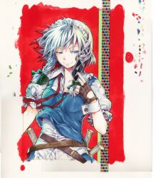  1girl absurdres belt between_fingers blue_skirt blue_vest bow braid breasts brown_gloves card commentary_request cowboy_shot fingerless_gloves gloves green_bow grey_hair hair_bow hand_up highres holding holding_card izayoi_sakuya knife looking_at_viewer maid_headdress medium_breasts medium_hair neck_ribbon puffy_short_sleeves puffy_sleeves red_background red_ribbon ribbon shirt short_sleeves skirt smile socha solo touhou traditional_media twin_braids undone_neck_ribbon vest white_shirt wrist_cuffs 