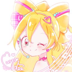  1girl aqua_eyes artist_name bare_shoulders beads big_hair blonde_hair blush bow bow-shaped_hair bow_choker bowtie character_name choker closed_mouth cure_idol dated dot_nose earrings eyelashes hair_beads hair_ornament hair_ribbon hairband happy headset heart heart_earrings heart_hair_ornament high_ponytail jewelry kimi_to_idol_precure kitakiyo long_hair looking_at_viewer magical_girl multiple_earrings musical_note one_eye_closed pink_bow pink_bowtie pink_choker pink_ribbon plaid_ribbon precure ribbon sakura_uta_(precure) simple_background smile solo sparkle sphere_earrings staff_(music) tareme unmoving_pattern upper_body wavy_hair white_background white_hairband 