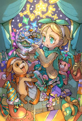  1boy 1girl :o animal azito7 blonde_hair bow bow_hairband box cardigan christmas christmas_stocking colored_eyelashes dog dress gift gift_box gloves green_bow green_eyes green_scarf hairband hat holding mini_person miniboy original red_bow santa_claus santa_hat scarf short_dress sitting snow_globe star_(symbol) striped_clothes striped_thighhighs stuffed_animal stuffed_toy teddy_bear thigh-highs toy_car toy_robot yellow_bow 