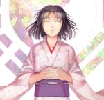  black_hair closed_eyes eyes_closed floral_print hands_clasped japanese_clothes kara_no_kyoukai kimono obi ryougi_shiki solo 