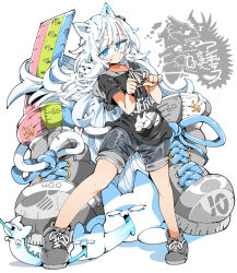 1girl animal_ears black_shirt black_t-shirt blank_eyes blue_eyes cat cat_ears cat_girl cat_tail full_body grey_footwear hands_up kafun legs_apart long_hair looking_at_viewer original ruler shirt shoes shorts tagme tail very_long_hair white_background white_hair
