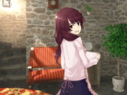 1girl akei_yurika_(seabed) apron brown_eyes couch game_cg hide38 holding_tray pink_shirt potted_plant red_hair redhead seabed skirt smile tied_hair