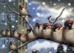  animal bird blurry branch building claws closed_eyes cloud dated depth_of_field eurasian_tree_sparrow eyes_closed looking_at_viewer matataku mountain no_humans original realistic signature sky snow snowing sparrow tree window wings 