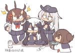  4girls ahoge akatsuki_(kantai_collection) anger_vein angry black_legwear bucket bucket_of_water chibi fang hat hat_removed headwear_removed hibiki_(kantai_collection) horns ikazuchi_(kantai_collection) inazuma_(kantai_collection) jitome kakuzatou_(koruneriusu) kantai_collection multiple_girls ponytail school_uniform serafuku sitting tearing_up translation_request wariza 