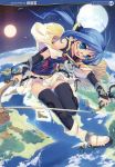  1girl absurdres blue_eyes blue_hair broom broom_riding cape copyright_request earth from_above glasses highres hiiro_yuki moon sidesaddle solo space sun witch 