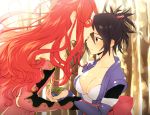  1girl bare_shoulders black_hair breasts brown_eyes cleavage closed_eyes elbow_gloves eyes_closed fingerless_gloves gloves kiss leaf maruishi red_hair redhead sheena_fujibayashi tales_of_(series) tales_of_symphonia zelos_wilder 