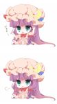  :3 aqua_eyes arms_up bow capelet chibi crescent dress fang hair_ribbon hat heavy_breathing long_hair open_mouth patchouli_knowledge pink_dress purple_hair ribbon sitting solo touhou translated translation_request very_long_hair yuki_miya 