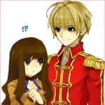  !? 1boy 1girl ahoge blazer blonde_hair border brown_eyes brown_hair character_request coat epaulets epaulettes fate/extra fate_(series) female female_protagonist_(fate/extra) genderswap green_eyes hands_together height_difference kihiro long_hair looking_at_another male red_border royal saber_extra school_uniform short_hair smile solo sweat white_background 