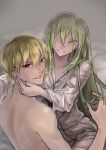  androgynous blonde_hair earrings enkidu_(fate/strange_fake) fate/strange_fake fate_(series) gilgamesh green_eyes green_hair grey_background hair_twirling jewelry long_hair male multiple_boys red_eyes shirtless trap xxx_sherry 