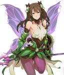  1girl bare_shoulders braid brown_hair gauntlets green_eyes green_valkyrie_(p&amp;d) hair_ornament long_hair netlk pantyhose polearm puzzle_&amp;_dragons shield shiny shiny_clothes single_braid skirt small_breasts solo spear valkyrie_(p&amp;d) weapon wings 