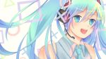  aqua_eyes aqua_hair bare_shoulders hatsune_miku headphones headset long_hair looking_at_viewer mamakari necktie open_mouth project_diva smile solo twintails vocaloid 