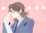  1boy adjusting_glasses brown_eyes brown_hair business_suit fate/stay_night fate/tiger_colosseum fate_(series) flat_color glasses kotomine_kirei male marock solo 