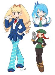  3girls :d beret black_bodysuit blonde_hair blue_dress blue_eyes blue_hair blue_pantyhose blush bodysuit braid brown_eyes brown_footwear closed_mouth dress drill_hair frown green_hat green_skirt gun hand_on_own_hip hat headset highres holding holding_gun holding_weapon karen_(karenoni1031) long_sleeves looking_at_viewer luna_platz_(mega_man) mega_man_(series) mega_man_star_force_(series) mega_man_x_(series) mega_man_x_dive mega_man_zero_(series) multiple_girls open_mouth pantyhose red_eyes red_hair rico_(mega_man) side_ponytail skirt smile striped_clothes striped_pantyhose twin_braids twin_drills twintails unnamed_female_soldier_(mega_man_zero) weapon white_background 