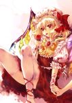  ascot bad_id bandage bandages blonde_hair blood brooch flandre_scarlet flower hand_holding holding_hands injury jewelry miiru mouth_hold petals red_eyes red_rose rose short_hair side_ponytail sitting solo the_embodiment_of_scarlet_devil thigh-highs thighhighs thorns touhou white_legwear wings 