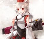  alternate_weapon animal_ears arctic breasts bust detached_sleeves embellished_costume huge_weapon inubashiri_momiji pom_pom_(clothes) red_eyes sheath sheathed silver_hair solo sword touhou weapon wolf_ears 