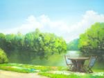  bad_id chair cloud forest grass lake nature no_humans original scenery sky table traditional_media tree tree_stump water you_(shimizu) 