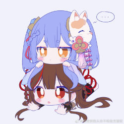  ... 2girls azusa_(vtuber) azusa_official blue_hair blue_ribbon blush braid braided_hair_rings brown_hair chibi fox_mask hair_rings mask mask_on_head multicolored_hair multiple_girls nailao_yu_ni_jia_xin_cui nanami_(virtuareal) nijisanji pout red_hair ribbon simple_background speech_bubble spoken_ellipsis streaked_hair virtual_youtuber virtuareal weibo_logo weibo_username yellow_eyes 