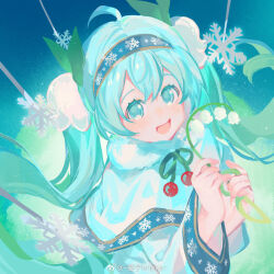  1girl aqua_eyes aqua_hair artist_name blue_hairband chinese_commentary commentary_request dress flower hairband hatsune_miku holding holding_flower imoko_(imonatsuki) long_hair looking_at_viewer open_mouth smile snowflake_print snowflakes solo upper_body vocaloid weibo_logo weibo_watermark white_dress yuki_miku yuki_miku_(2015) 
