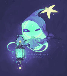  artist_name black_background black_cloak blue_eyes cloak colored_skin commentary_request creature_focus dated floating_clothes flower ghost_pose ghost_tail glow_pikmin glowing green_skin half-closed_eyes hand_on_own_chin highres holding holding_lantern hood hood_up hooded_cloak lantern light_particles long_sleeves maykamonin no_humans no_mouth pikmin_(creature) pikmin_(series) simple_background sleeves_past_fingers sleeves_past_wrists solid_eyes solo sparkle watermark yellow_flower 