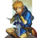  1boy belt blonde_hair blue_eyes cape earrings gloves hood jewelry link long_hair mimme_(haenakk7) pointy_ears smile solo sword the_legend_of_zelda twitter_username weapon zelda_wii_u 