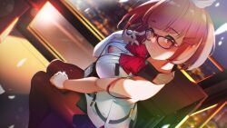  1girl adjusting_eyewear bare_shoulders belt black_belt black_skirt blush bob_cut bow bra bra_peek bra_strap breast_pocket breasts button_gap clenched_teeth dress_shirt dutch_angle embarrassed ferris_wheel ferris_wheel_interior game_cg hair_ornament hairband hairpin hand_on_own_thigh highres hime_cut impossible_clothes impossible_shirt joo_mi-ra lanyard light_particles looking_at_viewer medium_breasts miniskirt miracle_snack_shop mole mole_under_eye night night_sky no_pupils non-web_source nose_blush official_art orange_eyes orange_hair panties panty_straps pantyhose pencil_skirt petals pink_lips pleated_shirt pocket pov purple-framed_eyewear red_bow red_bra red_pantyhose shiny_skin shirt short_hair side-tie_panties side_slit sitting skirt sky sleeveless sleeveless_shirt smile solo strap_slip sweat talesshop teeth tight_clothes tight_shirt ukero underwear untucked_shirt white_shirt winged_hair_ornament winged_hairband zipper zipper_skirt 