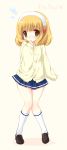  blonde_hair brown_eyes buttons cardigan character_name emily_(pure_dream) hairband kise_yayoi knees_together_feet_apart miniskirt necktie precure shoes skirt smile_precure! solo sweatshirt white_background white_legwear 