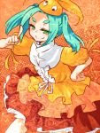  bad_id blush bow dress green_eyes hair_ribbon hand_on_hip hips monogatari_(series) nisemonogatari ononoki_yotsugi ribbon short_eyebrows smile solo takamura twintails 