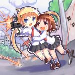  blonde_hair blush firing gun hakkotsu_shitai kill_me_baby long_hair multiple_girls muzzle_flash open_mouth oribe_yasuna shell_casing short_hair sonya_(kill_me_baby) translation_request twintails weapon 