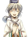  bust closed_eyes eyes_closed grey_hair hands_on_own_chest happy hat japanese_clothes kariginu mononobe_no_futo open_mouth pom_pom_(clothes) ponytail solo tate_eboshi touhou yetworldview_kaze 